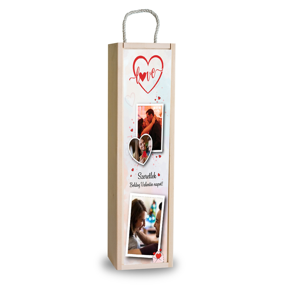 Egyedi Fa Borosüveg doboz - Valentin - V04